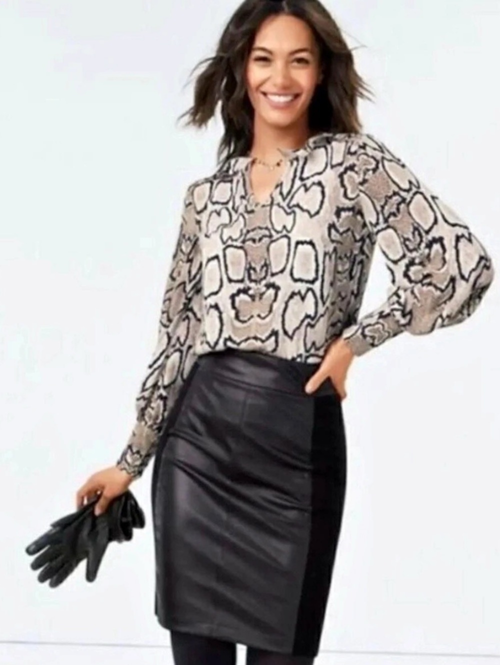 CAbi Serpentine Blouse Animal Print Brown & White Large